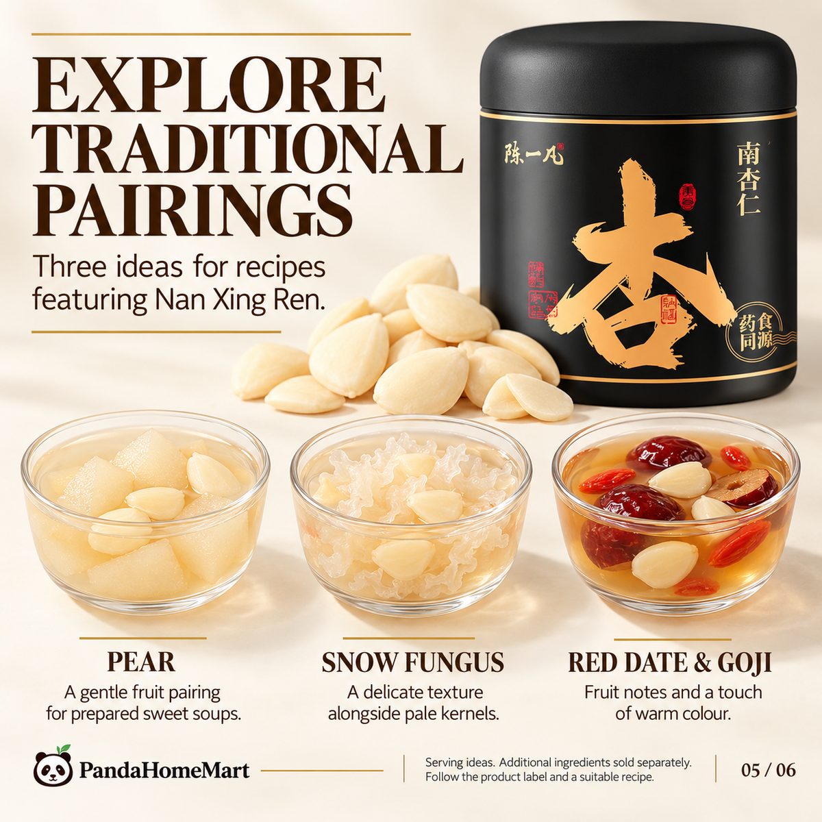 PandaHomeMart Sweet Apricot Kernels Nan Xing Ren 250g Container