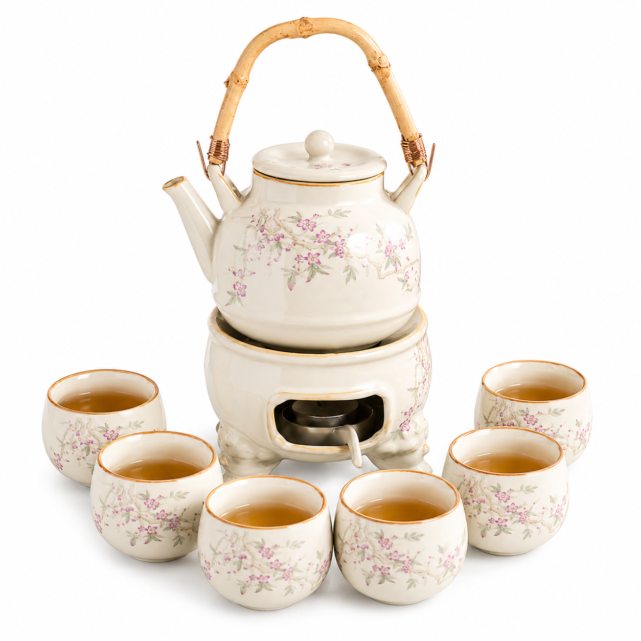 Cherry Blossom Serenity Warming Tea Set™ – Ceramic Teapot Set with Tea Warmer, 6 Cups & Floral Design