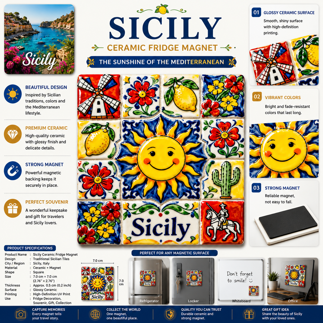 Sicily Mediterranean Sun Ceramic Fridge Magnet