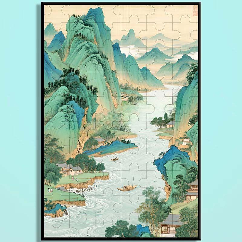 Chinese Landscape Wooden Jigsaw Puzzle – Traditional Shan Shui Mountain River Puzzle, Oriental Wooden Wall Art, Mindfulness Puzzle For Adults