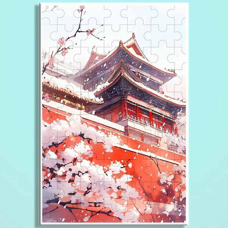 Forbidden City Snowfall Wooden Puzzle – Chinese Palace Winter Landscape Jigsaw, Oriental Snow Scene Puzzle Art for Adults & Cozy Home Decor FC004