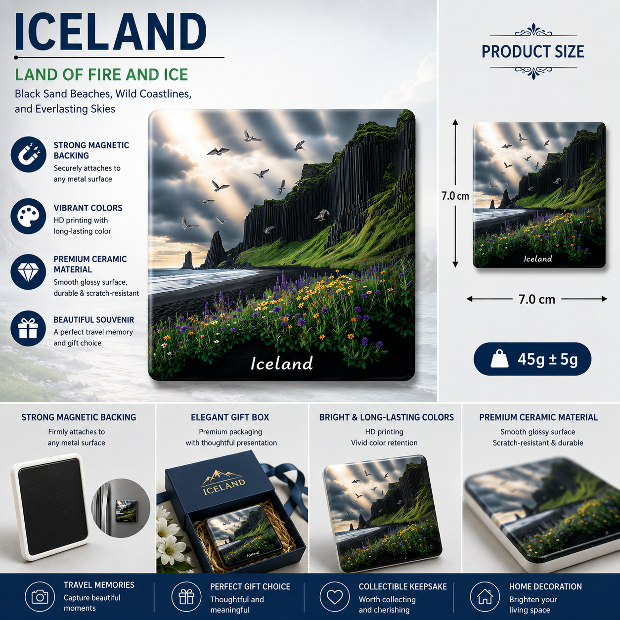 Iceland Ceramic Fridge Magnet – Nordic Landscape Souvenir, Black Sand Beach Refrigerator Magnet, Scandinavian Travel Gift & Nature Home Decor