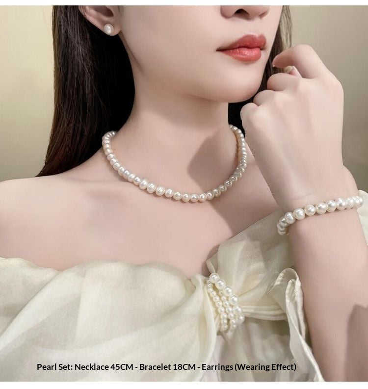 Natural Freshwater Pearl Jewelry Set – Luxury Pearl Necklace Bracelet & Earrings Gift Box, Elegant Healing Pearl Jewelry for Women & Mothers