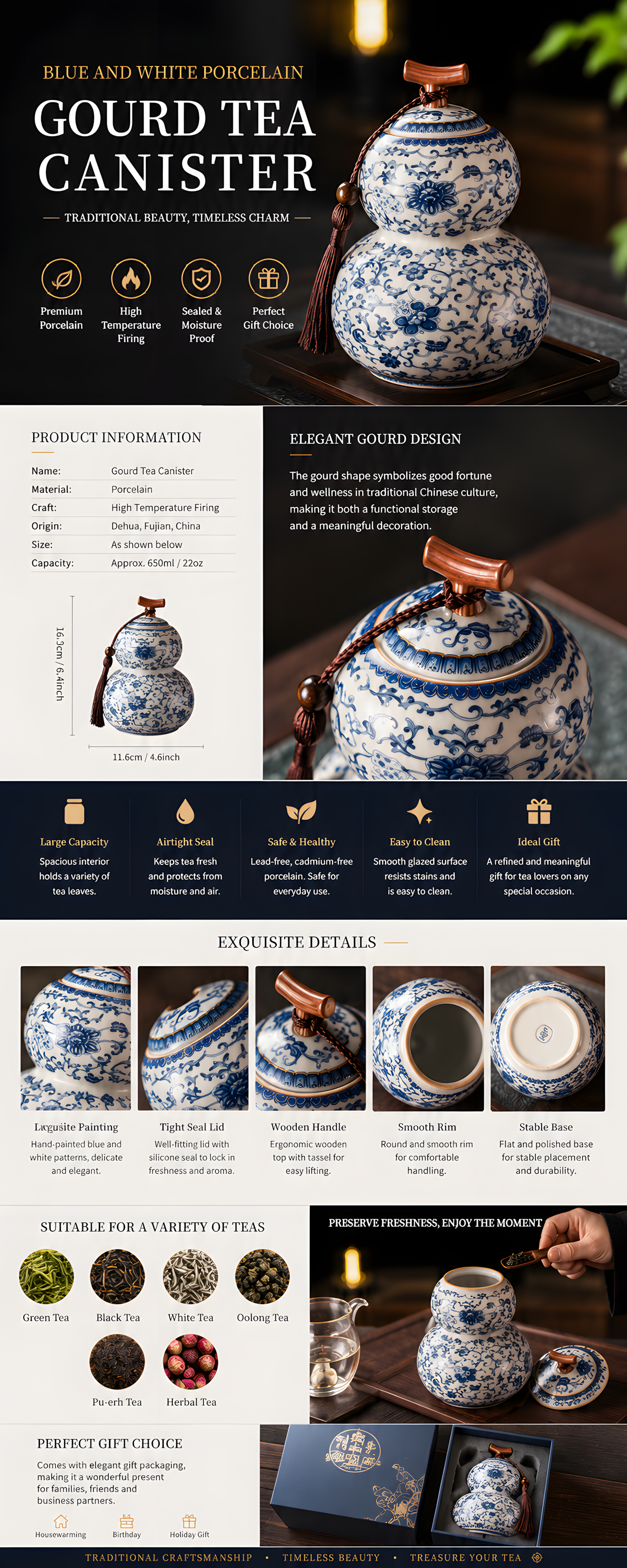 Blue Porcelain Double-Gourd Tea Caddy™ Traditional Chinese Ceramic Tea Storage Jar