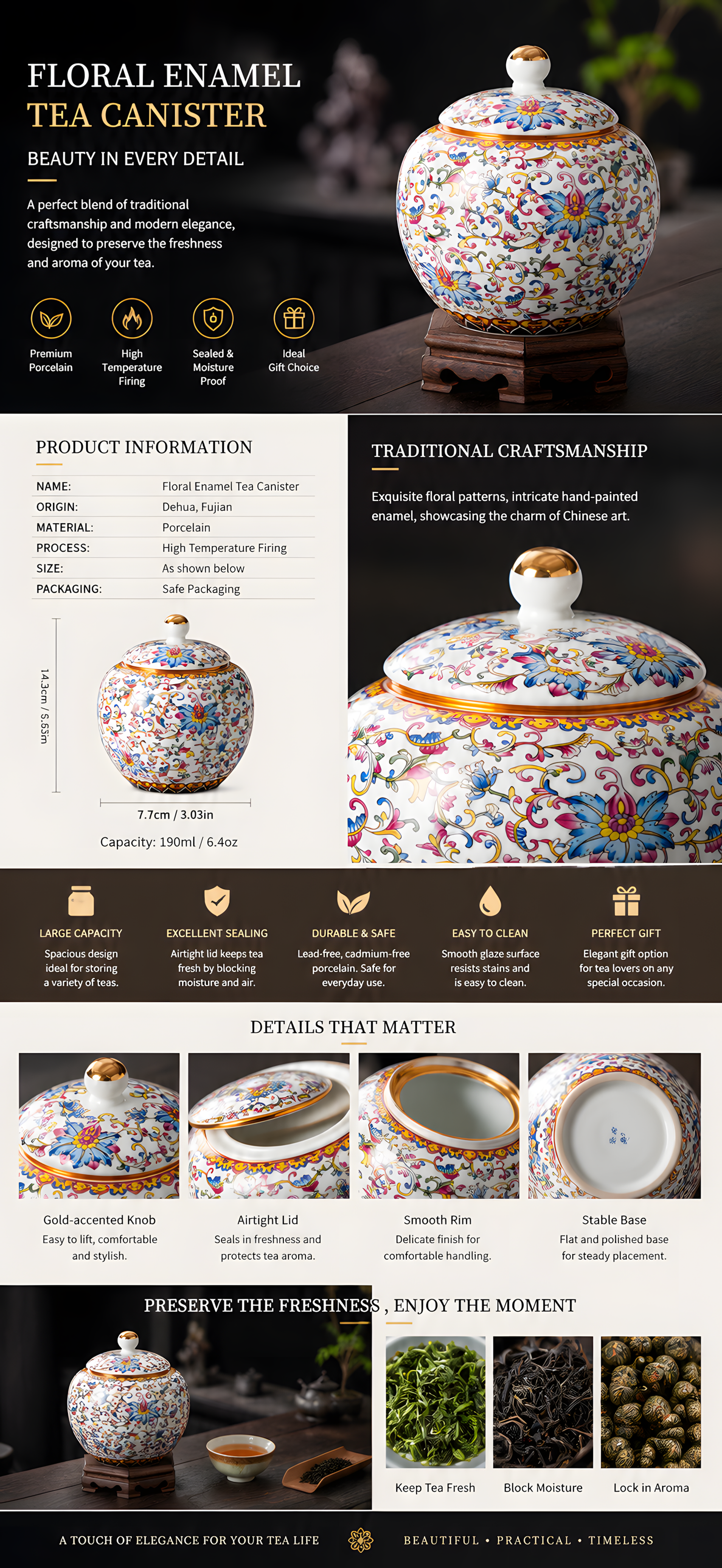 Imperial Floral Porcelain Tea Caddy™ Luxury Ceramic Tea Storage Jar with Airtight Lid