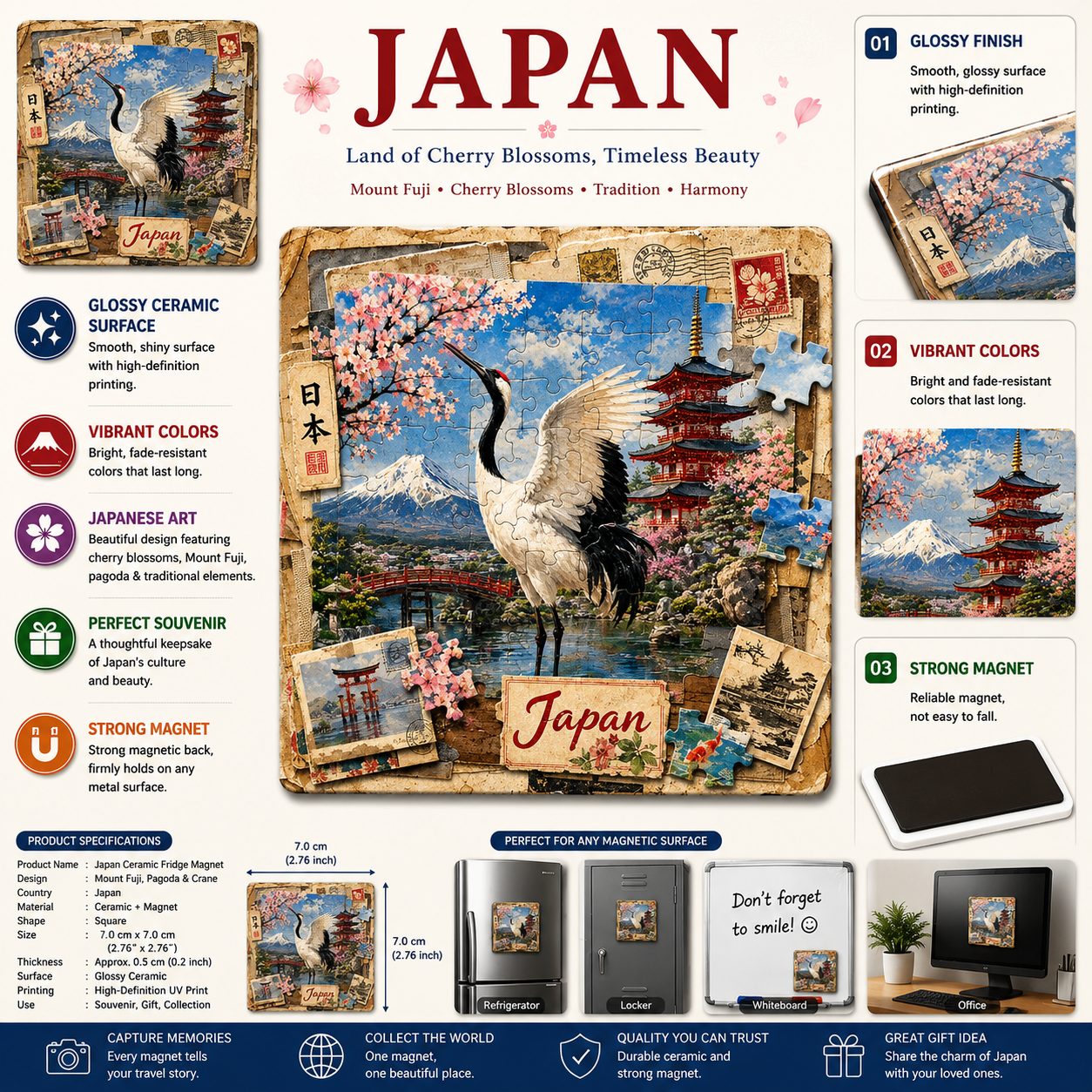 Japan Vintage Sakura & Crane Ceramic Fridge Magnet