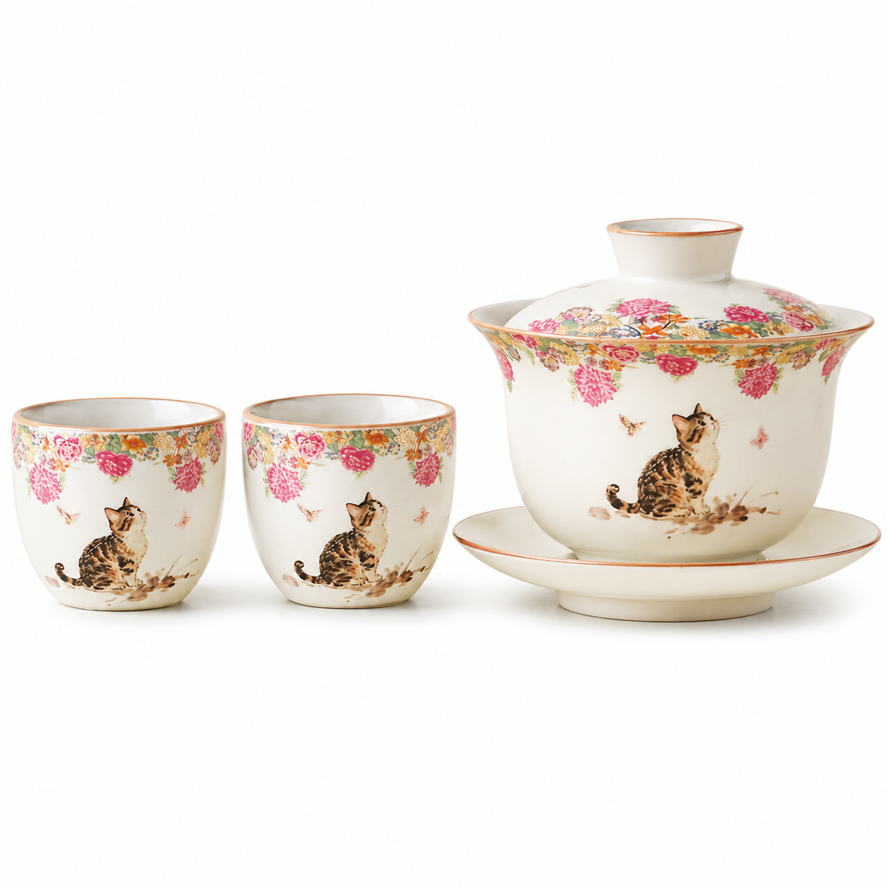 Lucky Cat & Chrysanthemum Porcelain Gaiwan Tea Set™