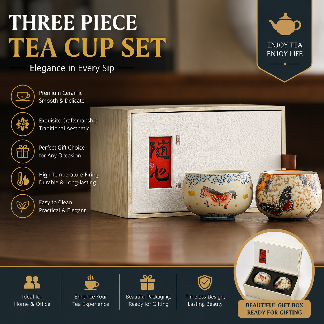 Lucky Fortune Ceramic Tea Cup Gift Set | Traditional Chinese Tea Cups