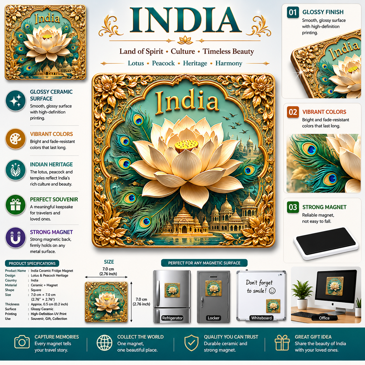 India Lotus & Peacock Ceramic Fridge Magnet