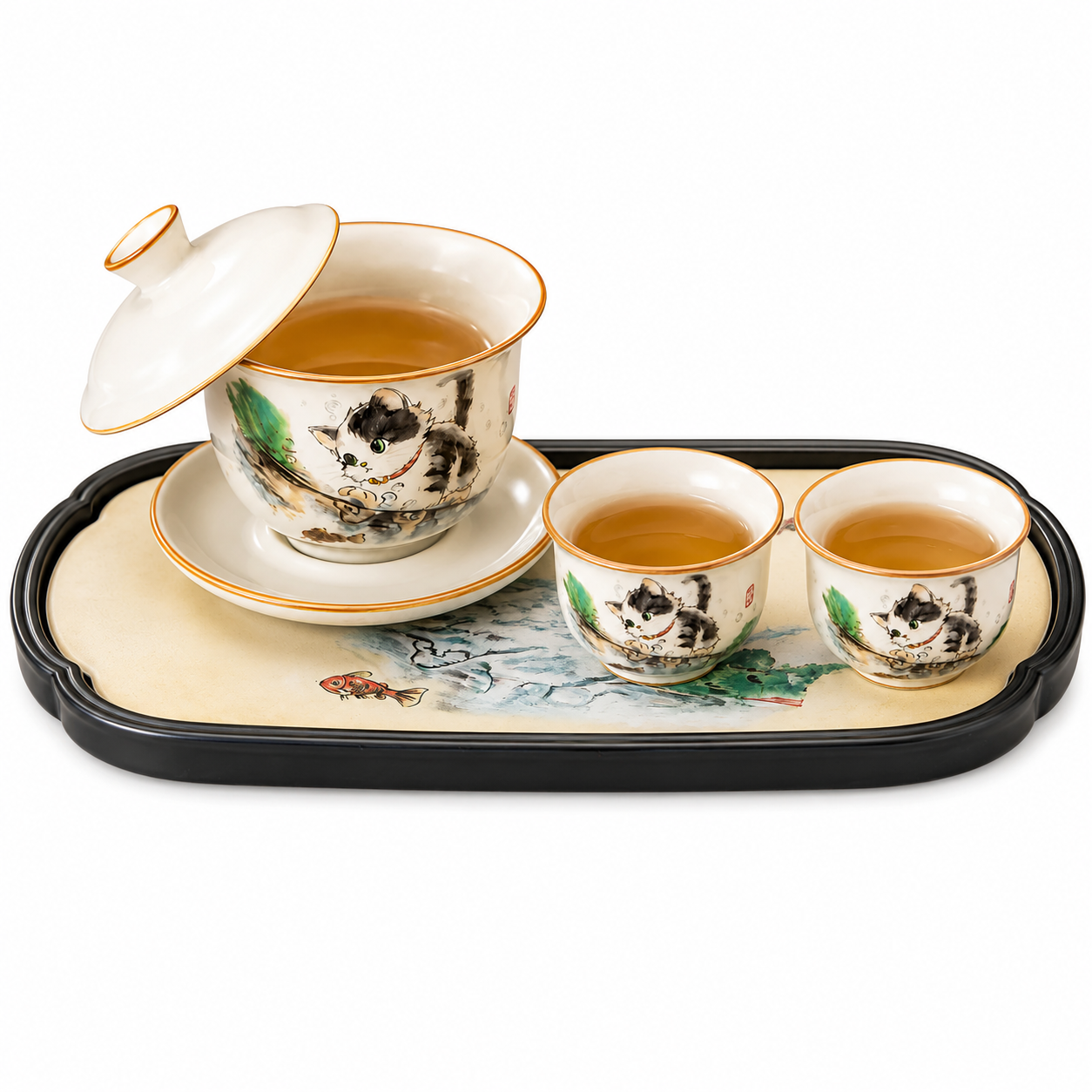 Lucky Cat Gaiwan Tea Gift Set™ Hand-Painted Ceramic Gaiwan Set for Tea Lovers