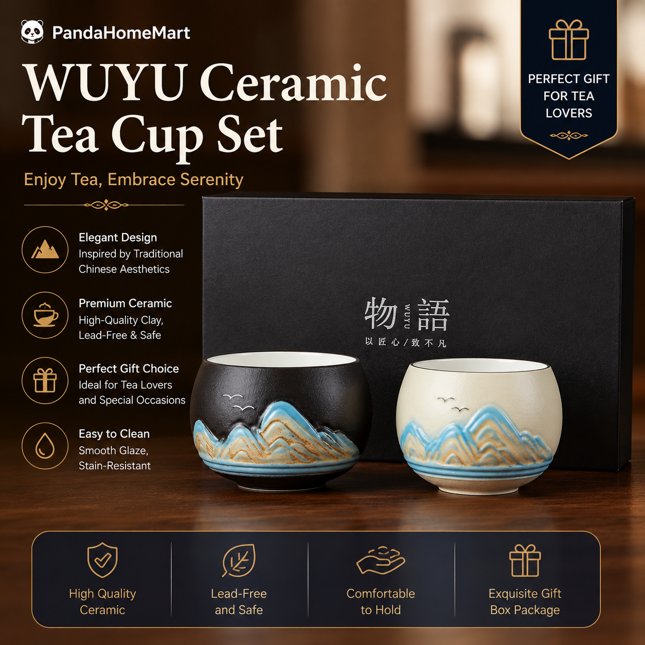 WUYU Ceramic Tea Cup Set | Premium Chinese Tea Cups Gift Box