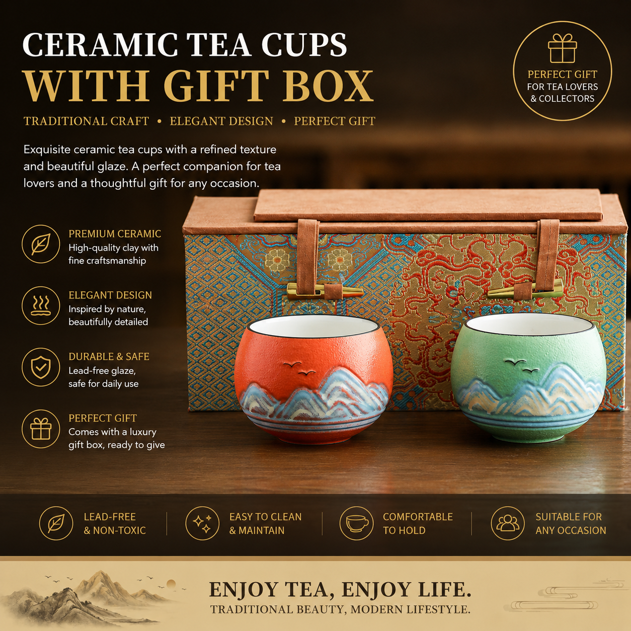 Mountain Harmony Ceramic Tea Cup Gift Set | Premium Chinese Tea Cups