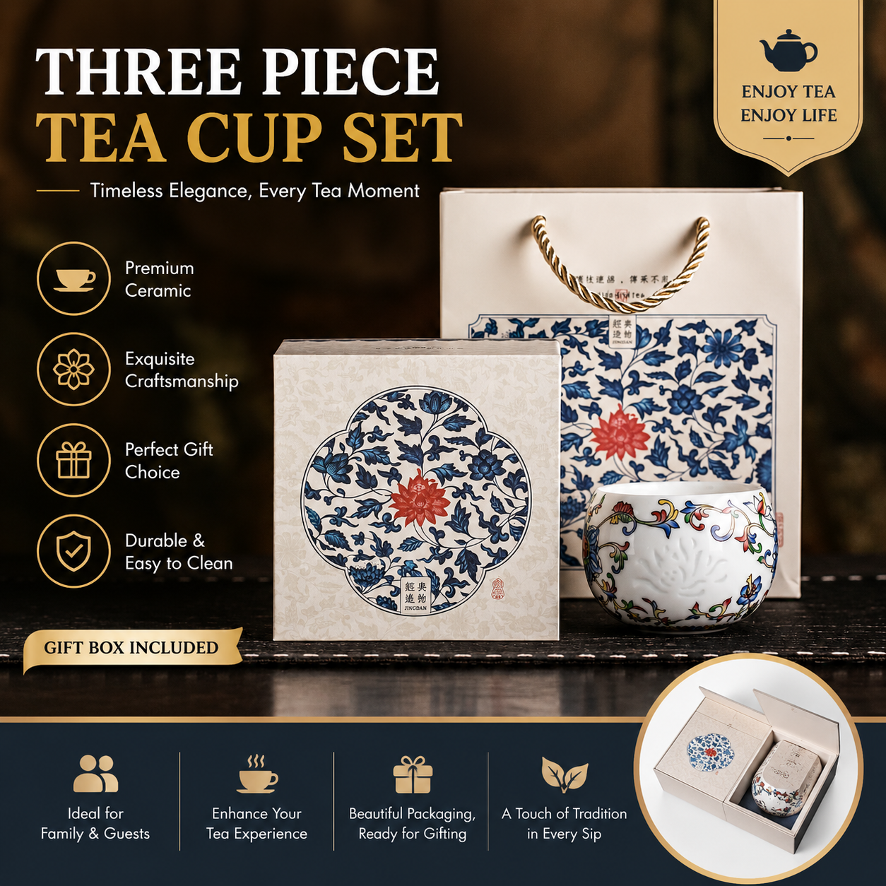 Blue Blossom Ceramic Tea Cup Gift Set | Luxury Chinese Tea Cup Gift