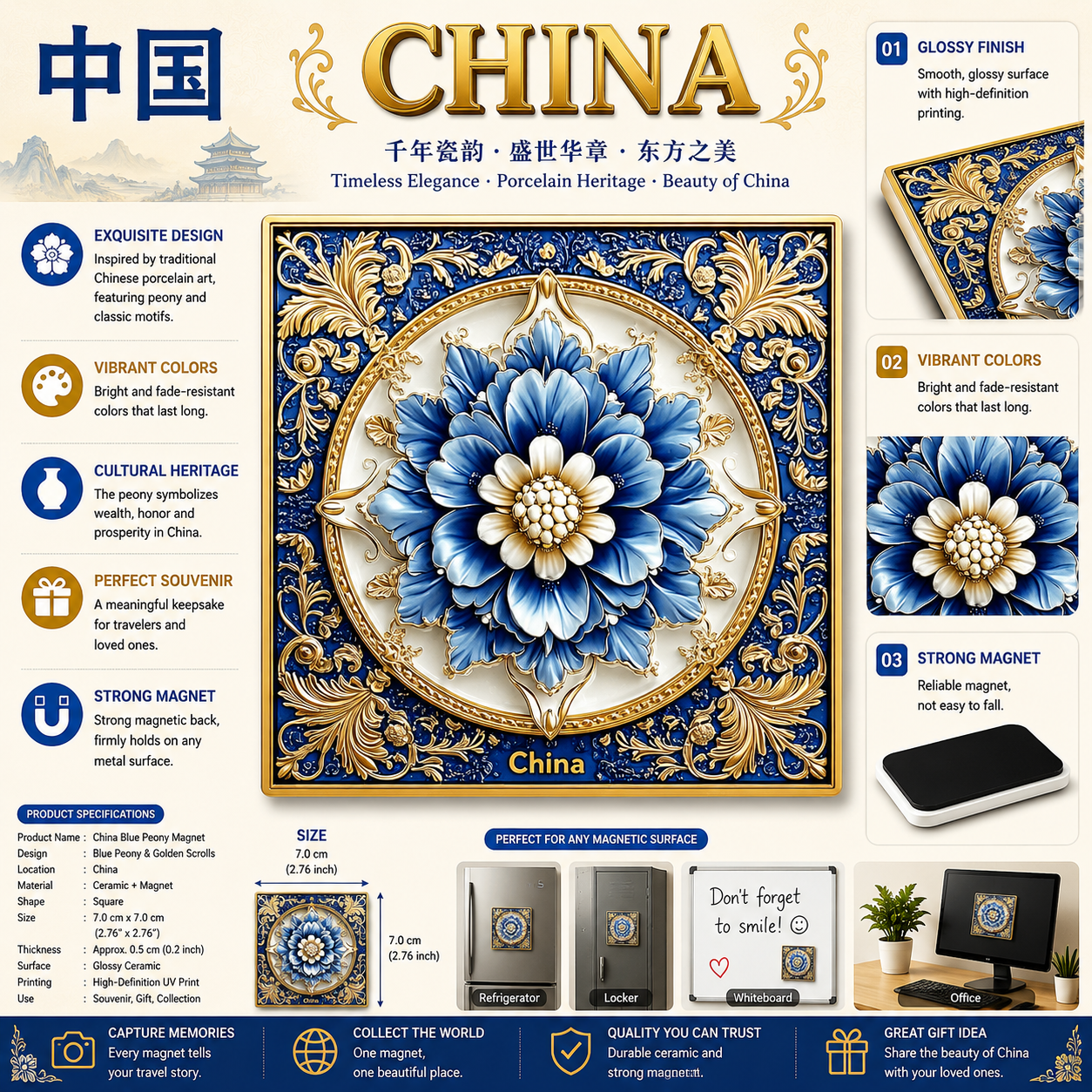 China Blue Peony Porcelain Ceramic Fridge Magnet