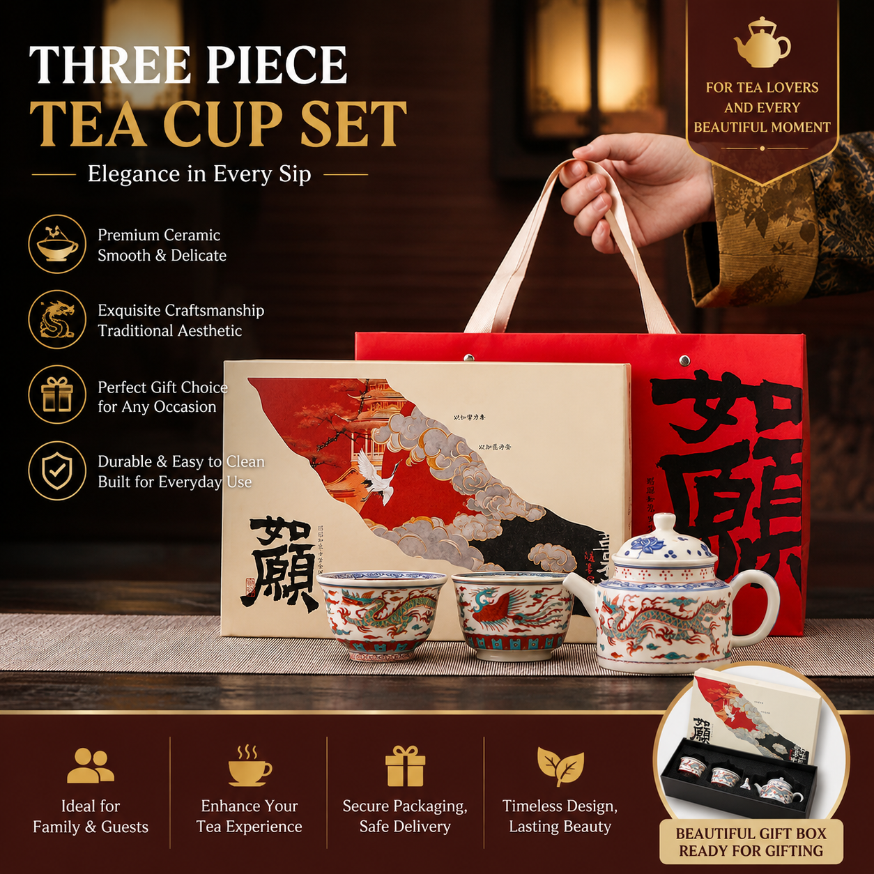 Dragon & Phoenix Chinese Ceramic Tea Set Gift Box – Traditional Teapot & Tea Cup Set