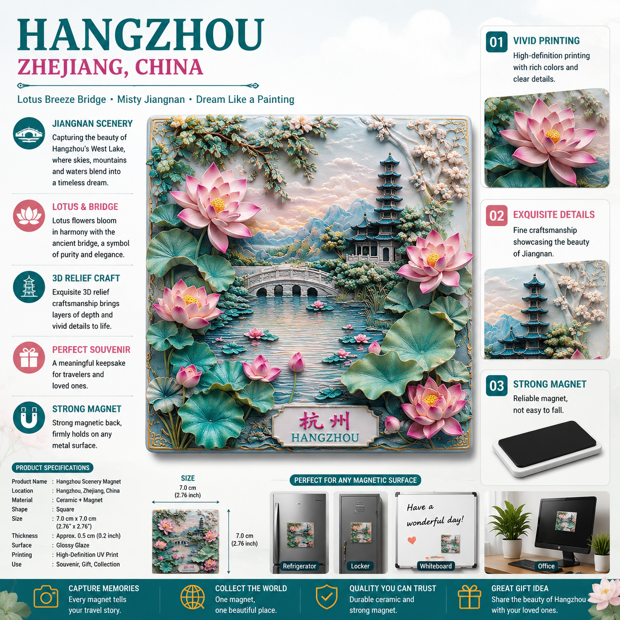 Hangzhou Lotus Serenity Ceramic Fridge Magnet