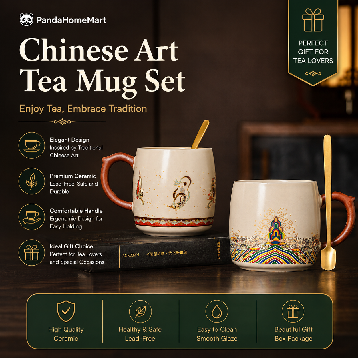 Chinese Art Ceramic Tea Mug Set with Gift Box | PandaHomeMart