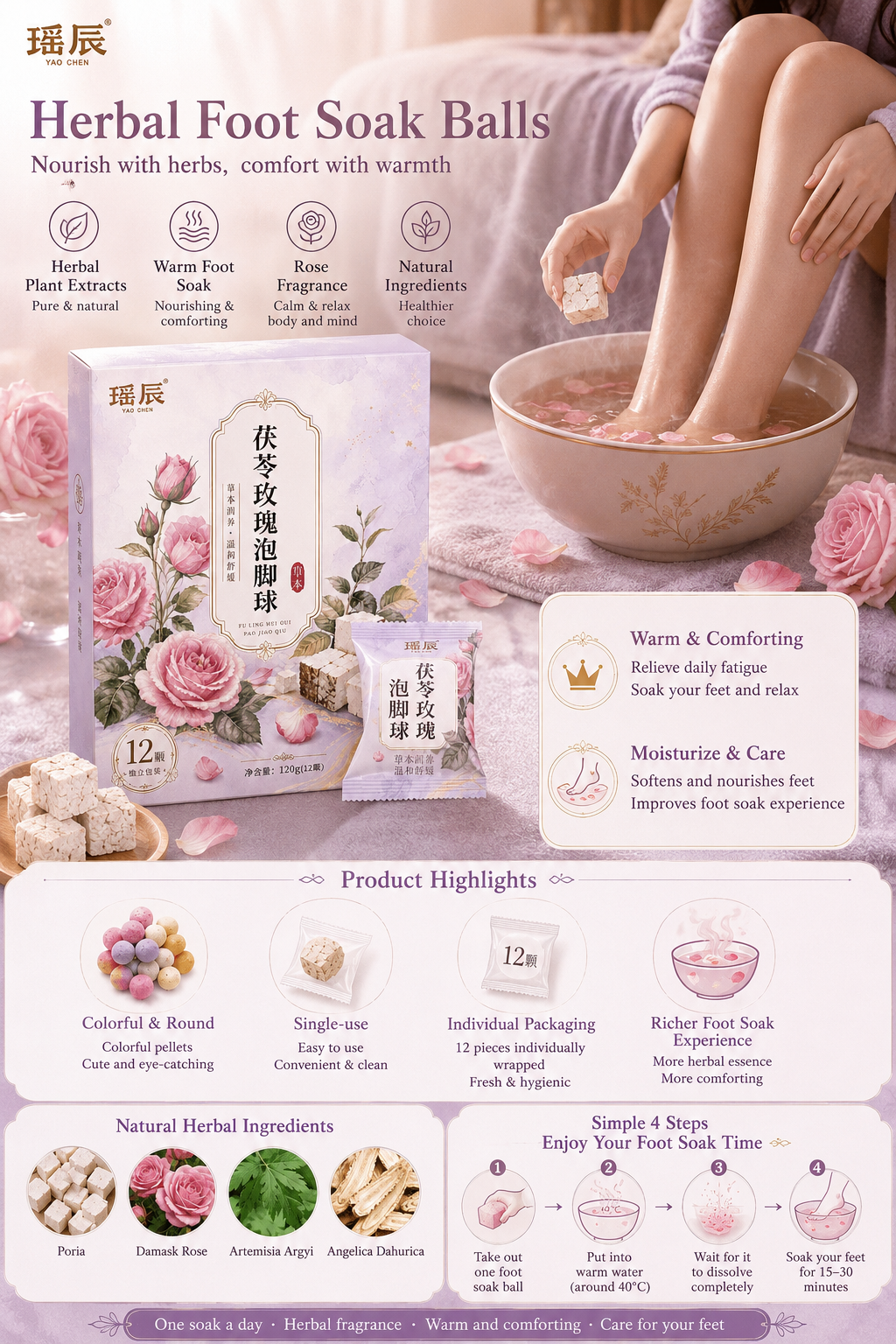 Rose Mugwort Herbal Foot Soak Balls – Botanical Aromatherapy Foot Bath for Relaxation, Soft Skin & Oriental Wellness | Luxury Home Spa Ritual