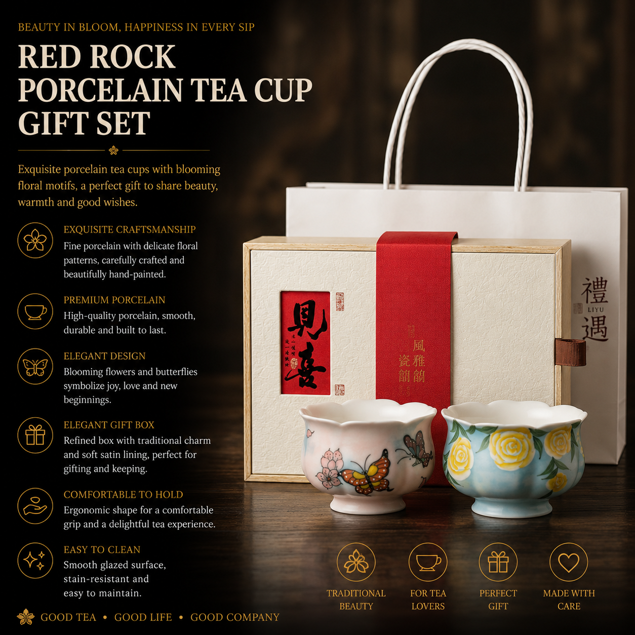 Blossom Wishes Porcelain Tea Cup Gift Set™ – Floral Tea Cups with Luxury Gift Box
