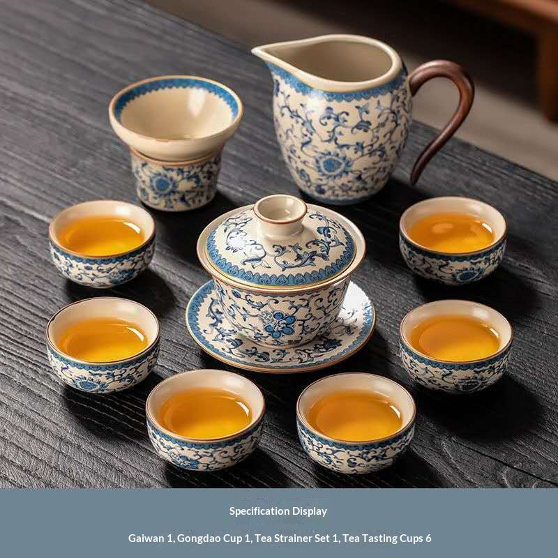 Blue and White Porcelain Gaiwan Gongfu Tea Set - 9-Piece Chinese Qinghua Floral Tea Ceremony Kit with Fairness Cup & Strainer | Classic Peony Design