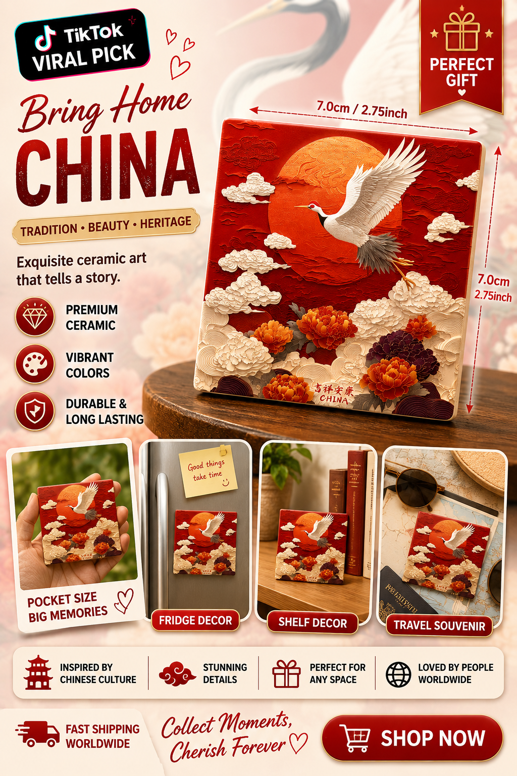 Chinese Crane & Peony Ceramic Fridge Magnet