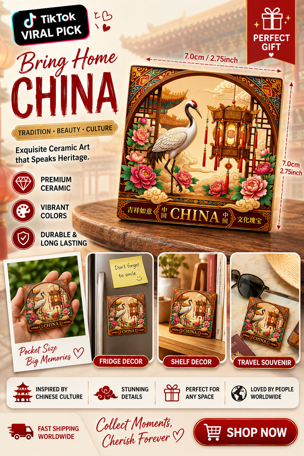 Chinese Crane Lantern Ceramic Fridge Magnet
