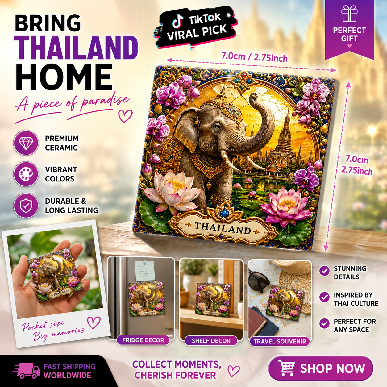 Thailand Elephant Ceramic Fridge Magnet