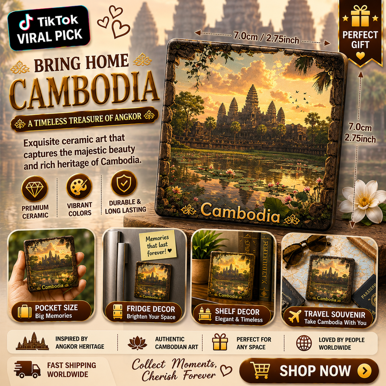 Cambodia Angkor Wat Ceramic Fridge Magnet