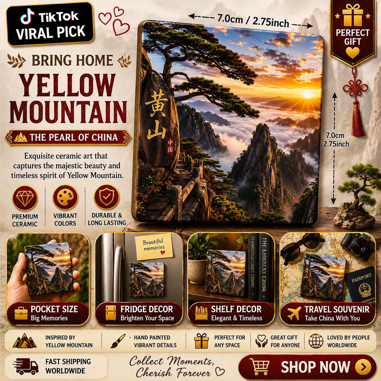 Yellow Mountain Ceramic Fridge Magnet