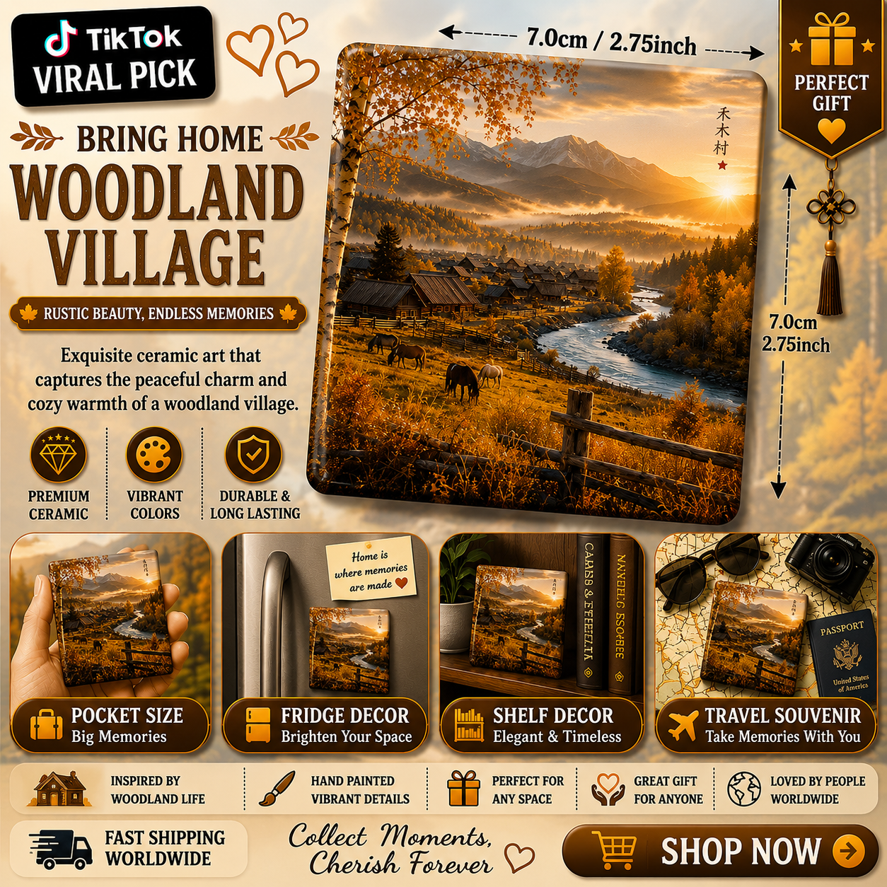 Woodland Village Ceramic Fridge Magnet