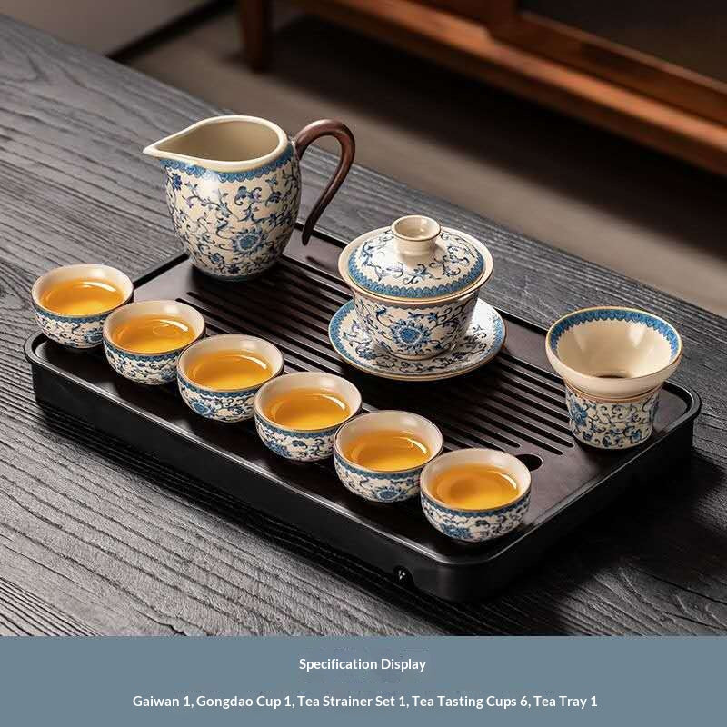 Blue and White Porcelain Gongfu Tea Set with Drainage Tray - 10-Piece Chinese Qinghua Floral Gaiwan Kit | Classic Peony Ceramic Ceremony Set