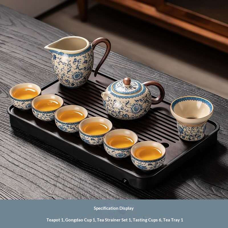 Blue and White Porcelain Gongfu Tea Set with Drainage Tray - 10-Piece Chinese Qinghua Floral Teapot Kit | Classic Peony Ceramic Ceremony Set