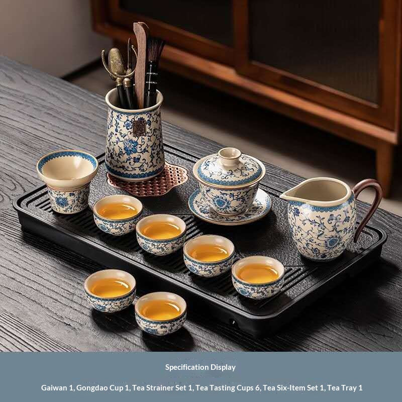 Deluxe Blue and White Porcelain Gongfu Tea Set with Tools - 12-Piece Chinese Qinghua Floral Gaiwan & Teapot Kit | Classic Peony Ceramic Ceremony Set