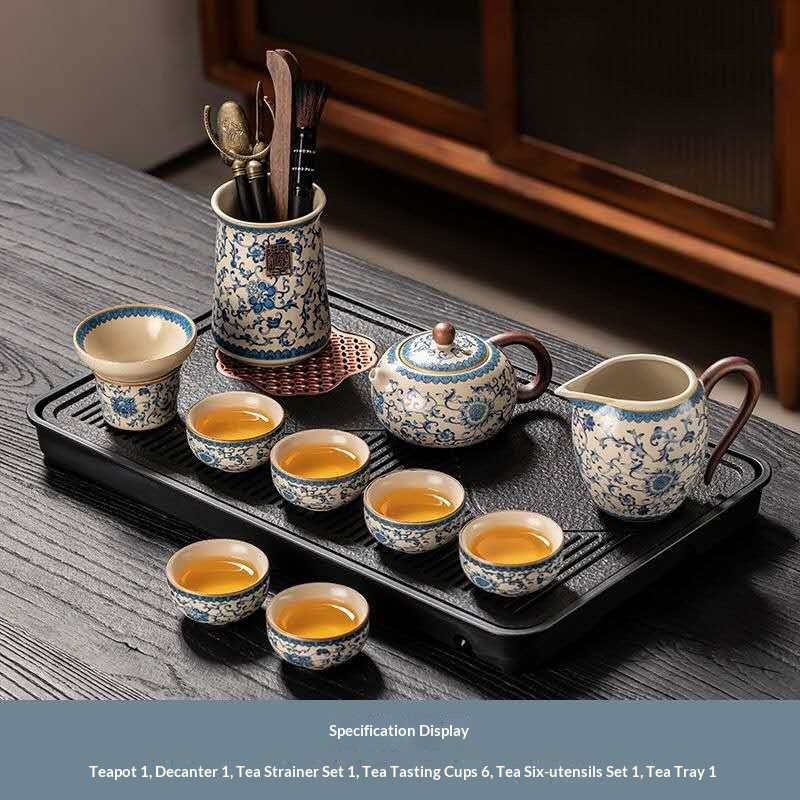 Deluxe Blue and White Porcelain Gongfu Tea Set with Tools - 11-Piece Chinese Qinghua Floral Teapot & Decanter Kit | Classic Peony Ceramic Ceremony Set