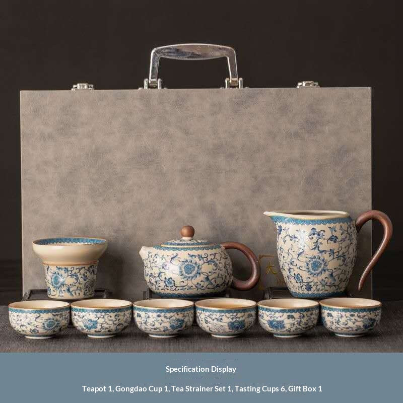 lue and White Porcelain Gongfu Tea Set in Luxury Gift Box - 9-Piece Chinese Qinghua Floral Teapot Kit | Classic Peony Ceramic Ceremony Set