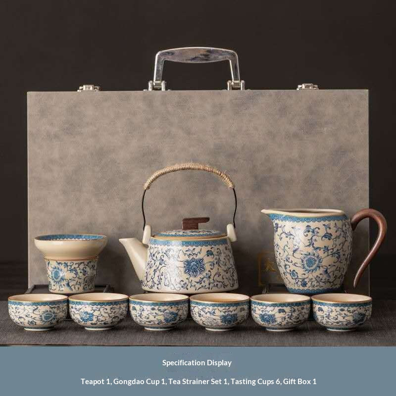 Blue and White Porcelain Gongfu Tea Set with Rope Handle - 9-Piece Chinese Qinghua Floral Teapot Kit in Luxury Gift Box | Classic Peony Ceramic Ceremony Set