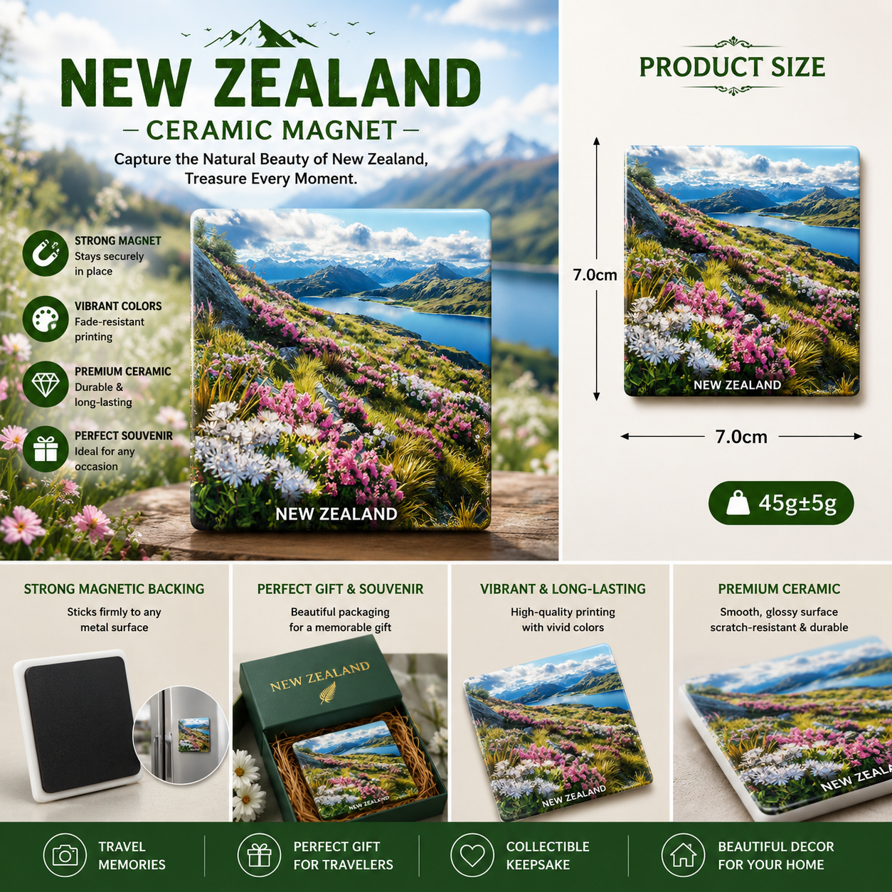 New Zealand Landscape Ceramic Fridge Magnet – Scenic Mountain Lake Souvenir, Nature Travel Refrigerator Magnet, Floral Home Decor Gift