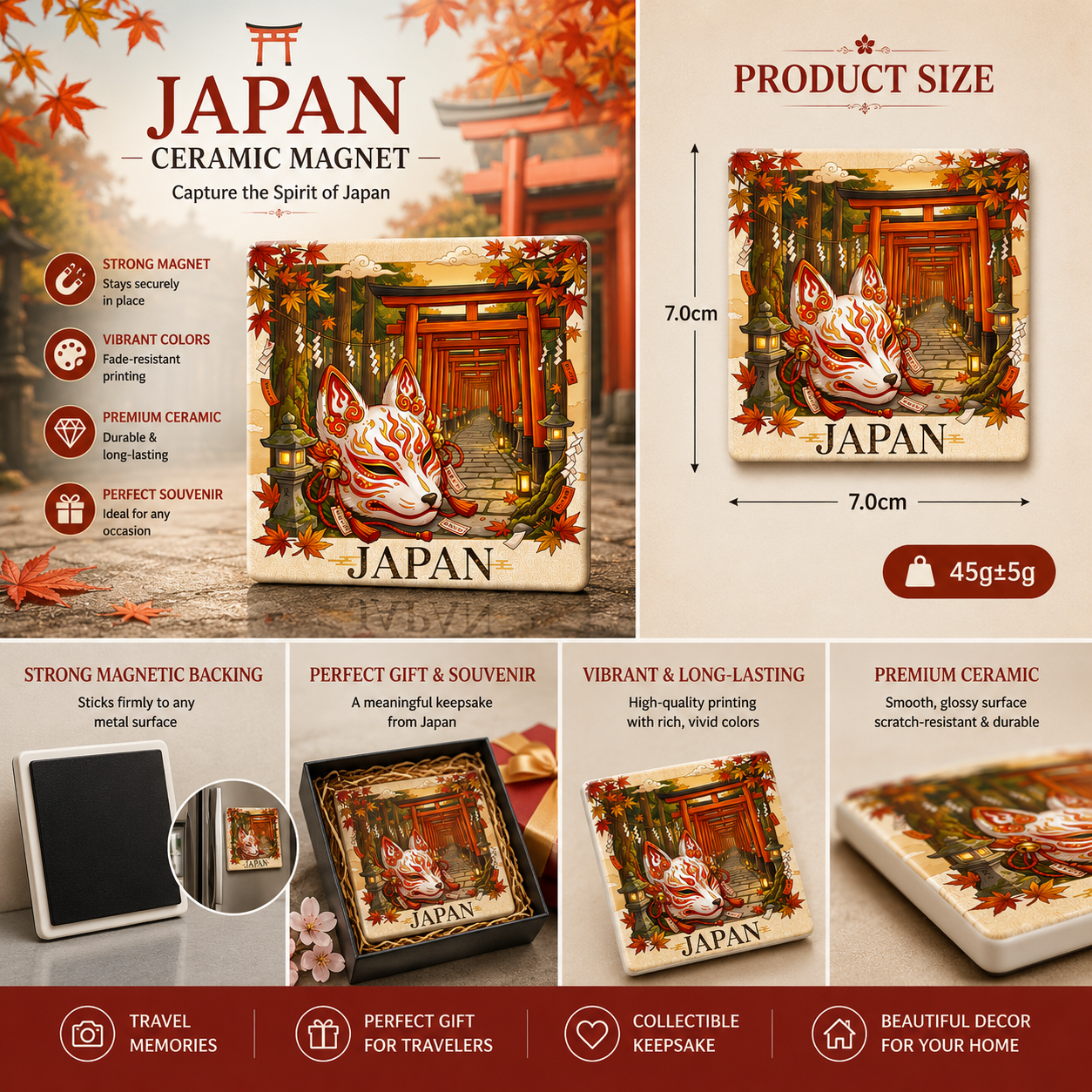 Japan Kitsune Shrine Ceramic Fridge Magnet – Japanese Fox Mask Souvenir, Torii Gate Refrigerator Magnet, Anime Inspired Travel Gift & Oriental Home Decor