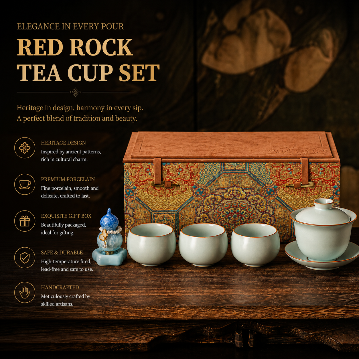 Red Rock Heritage Tea Cup & Gaiwan Set™ | Traditional Chinese Gongfu Tea Set with Luxury Gift Box