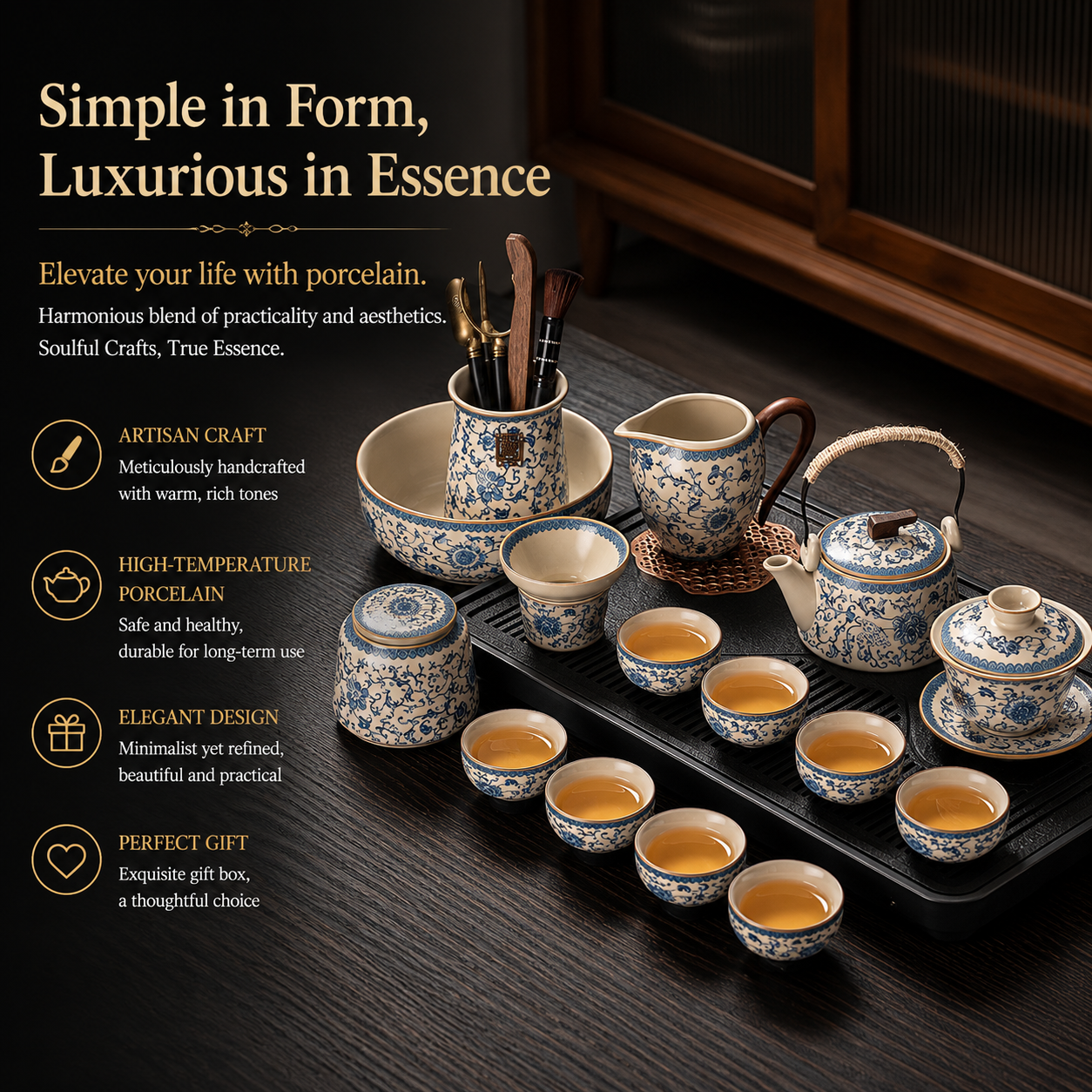 Blue & White Porcelain Gongfu Tea Set™ | Traditional Chinese Ceramic Tea Set with Wooden Handle & 6 Cups