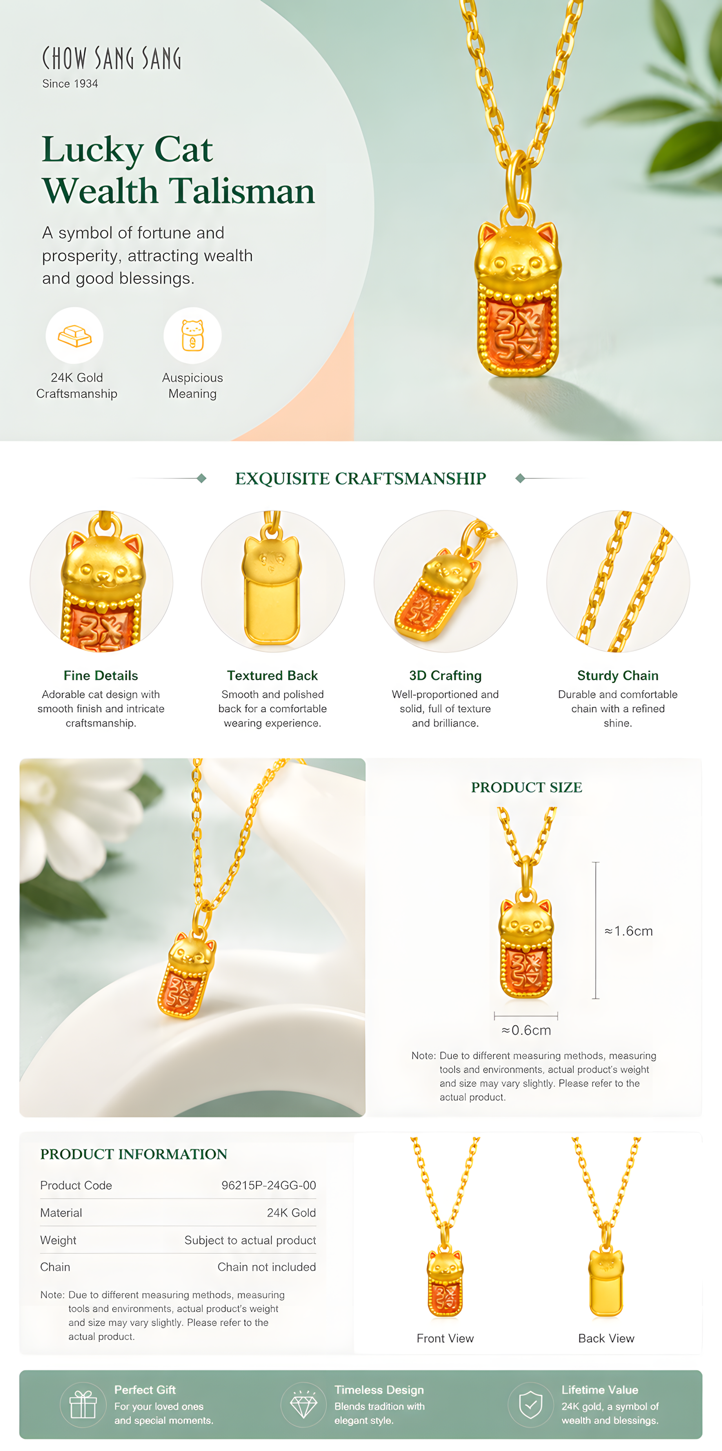 999 Pure Gold Lucky Cat Pendant-A Symbol of Joy, Positivity & Everyday Good Wishes