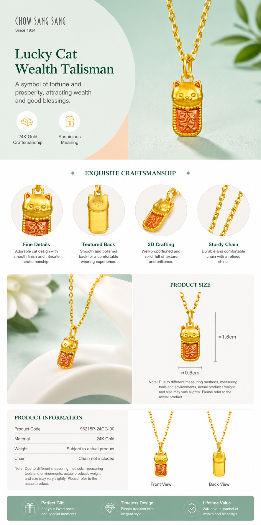 999 Pure Gold Lucky Cat Pendant-A Symbol of Joy, Positivity & Everyday Good Wishes