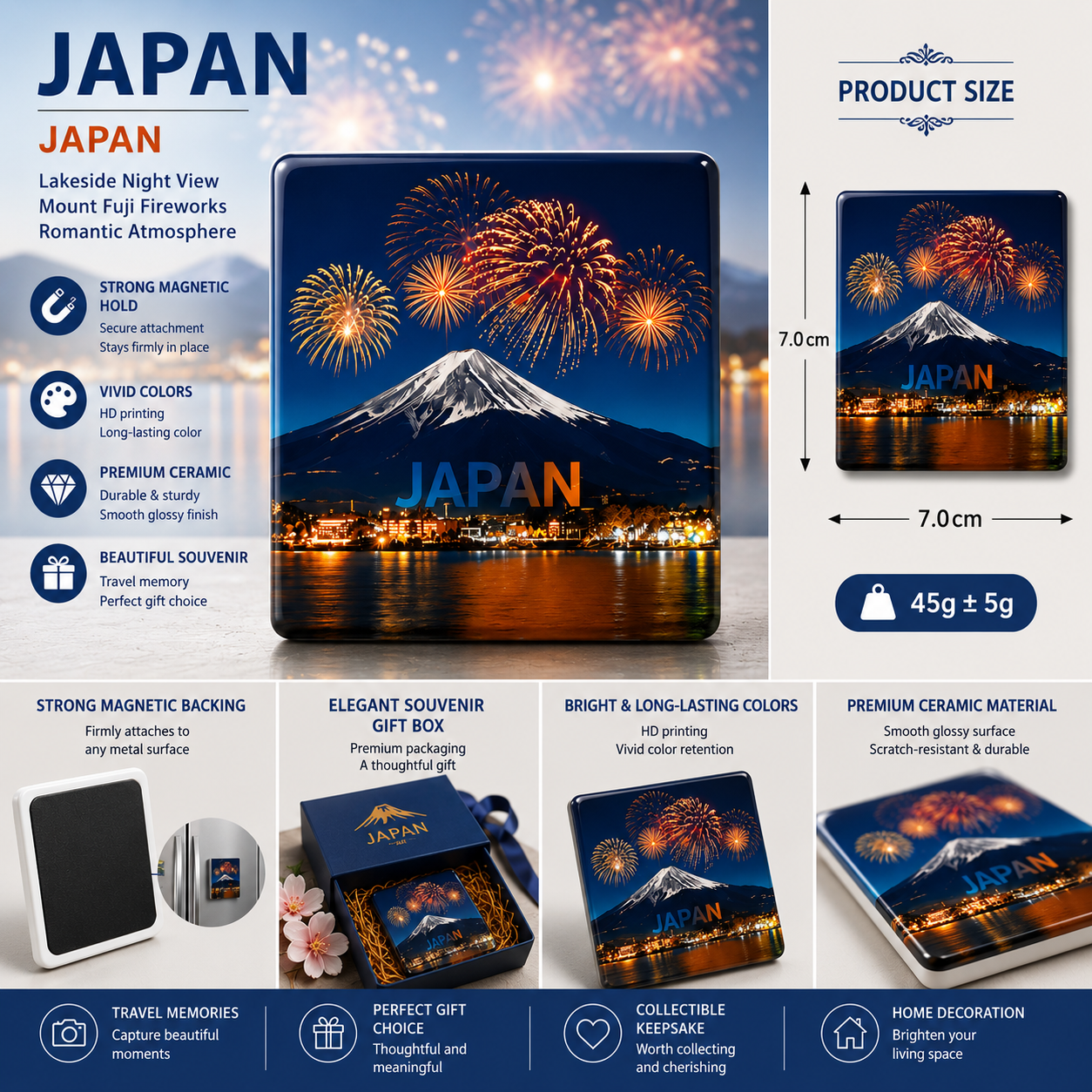 Japan Mount Fuji Fireworks Ceramic Fridge Magnet – Japanese Night View Refrigerator Magnet, Fuji Festival Souvenir, Oriental Home Decor Gift