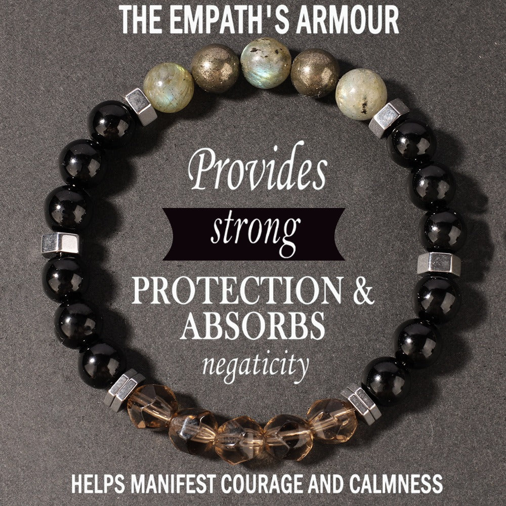 2pcs Empath's Armour Bracelet - Black Obsidian Labradorite Smoky Quartz Protection Bracelet for Negative Energy Shield, Courage & Calm