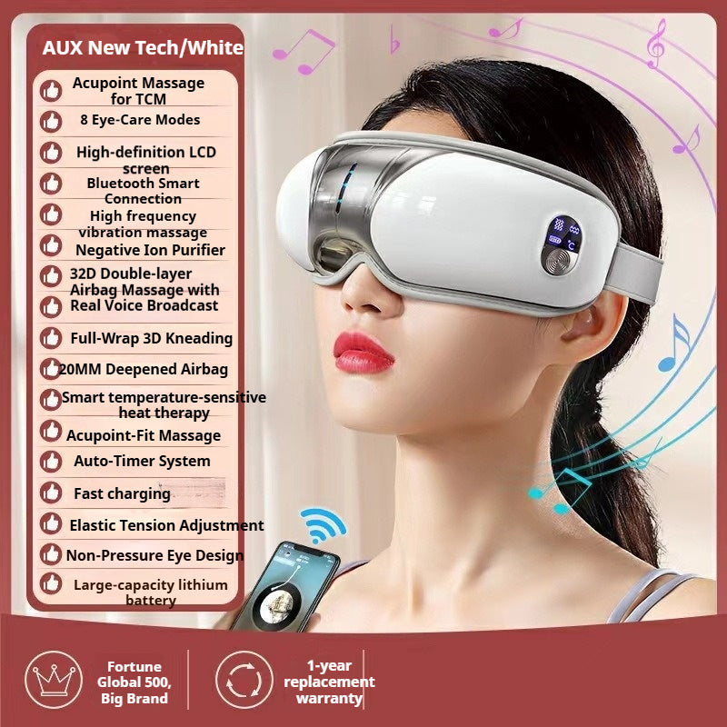 FQ-10 Bluetooth Silver Eye Massager - Full Wrap Kneading, 8 Massage Modes, Vibration, Acupoint Massage, Constant Heat Therapy, Smart Timer