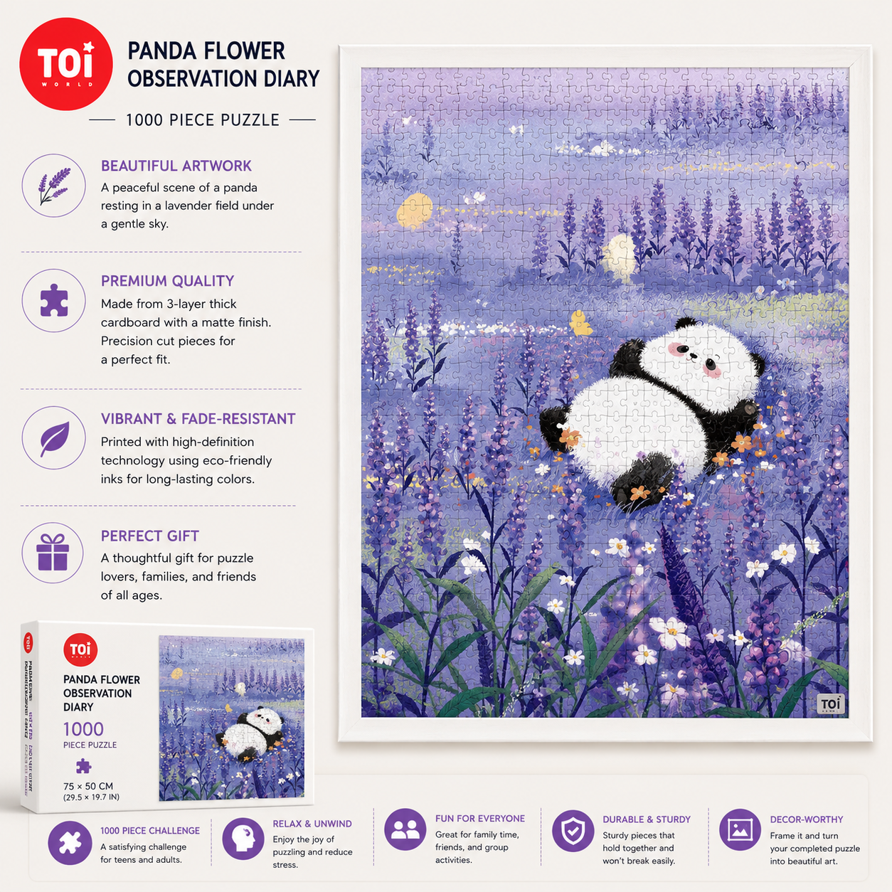 Cute Panda Lavender Field Jigsaw Puzzle – Healing Panda Puzzle, Lavender Landscape Wall Art, Relaxing Mindfulness Puzzle Gift For Adults & Teens