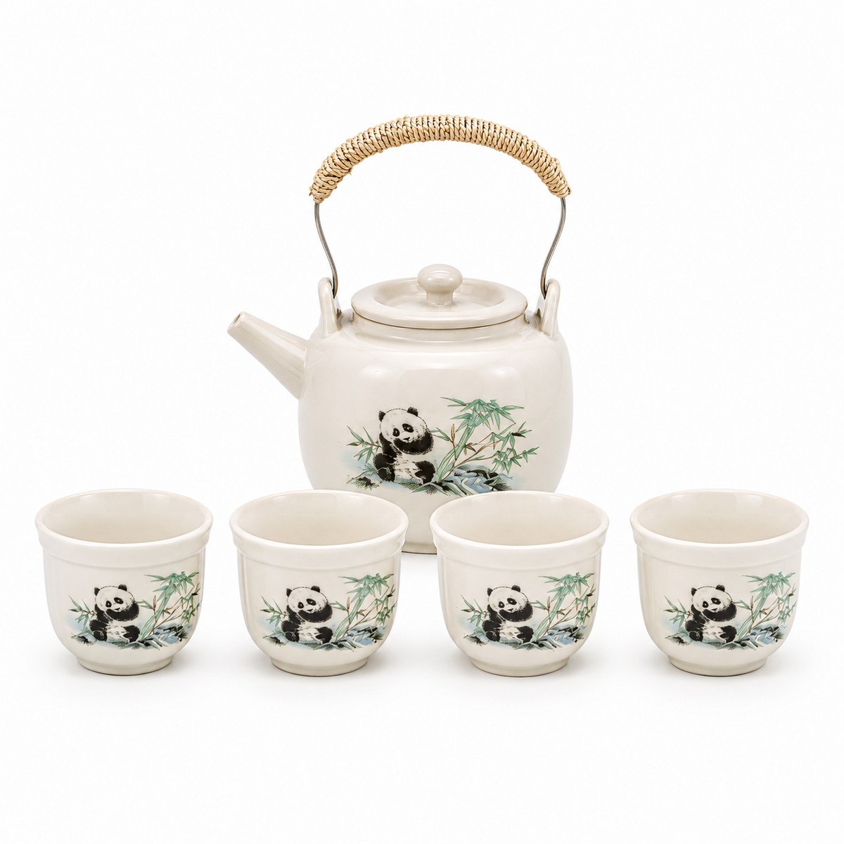Panda and Bamboo ceramic tea set with 520 mL overhead-handle teapot and four matching 85 mL tea cups