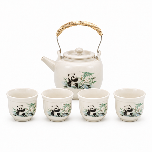 Panda and Bamboo ceramic tea set with 520 mL overhead-handle teapot and four matching 85 mL tea cups