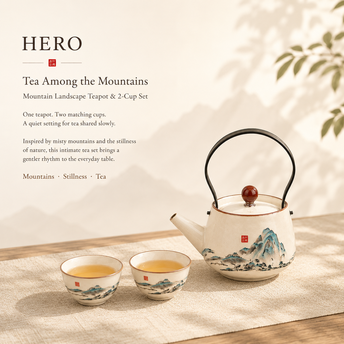 Mountain Landscape Ru Ware Tea Set – 1 Teapot & 2 Cups