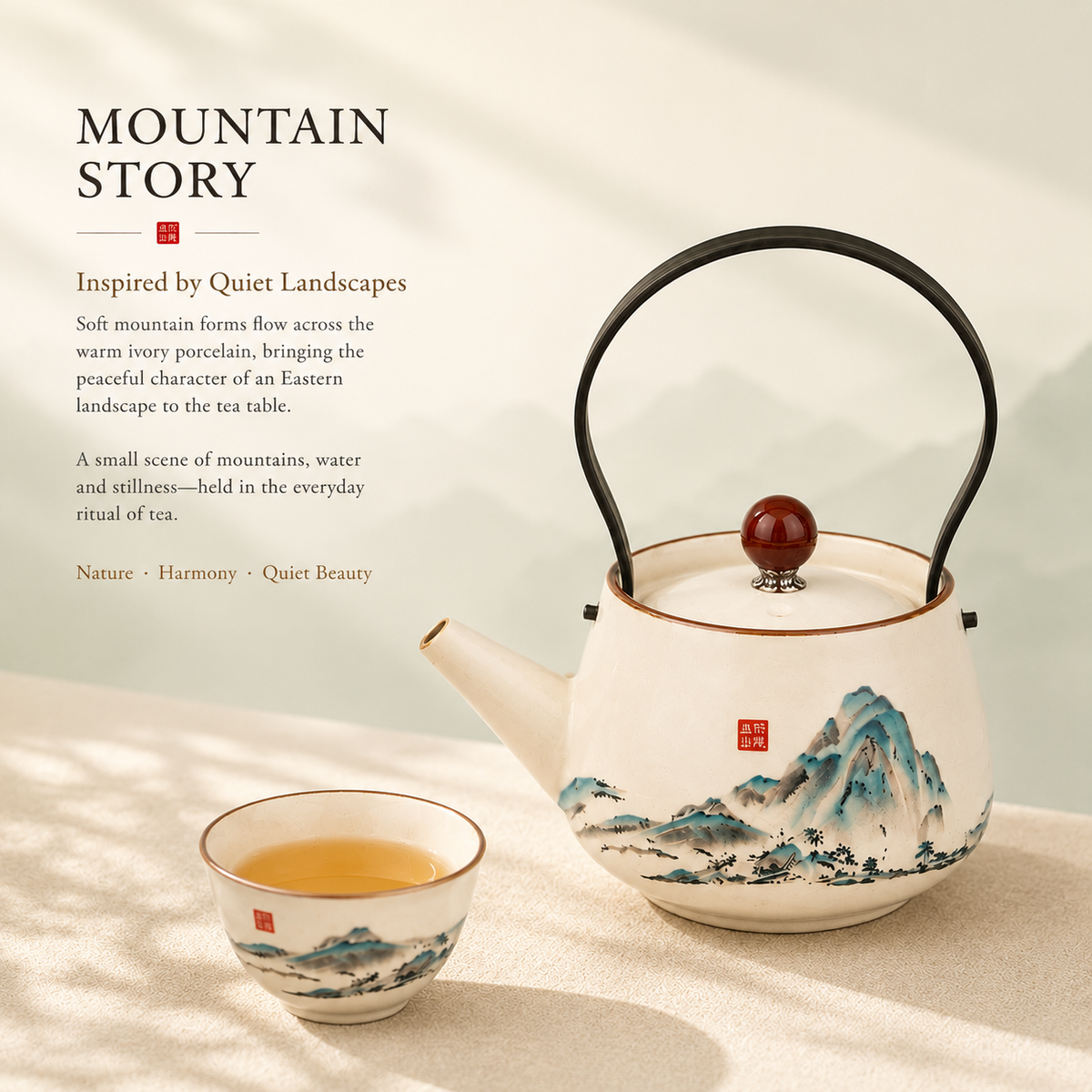 Mountain Landscape Ru Ware Tea Set – 1 Teapot & 2 Cups